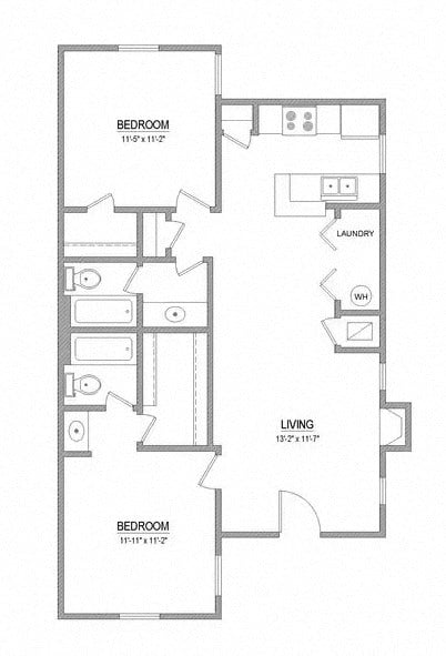 A floor plan of a home with three bedrooms, a laundry room, and a living room at Callaghan Heights, San Antonio, TX, 78228